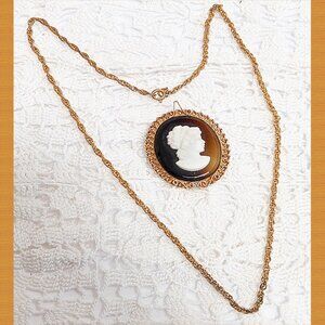 Lovely Vintage Carved Cameo Silhouette Brooch & Pendant Tiger's Eye Necklace